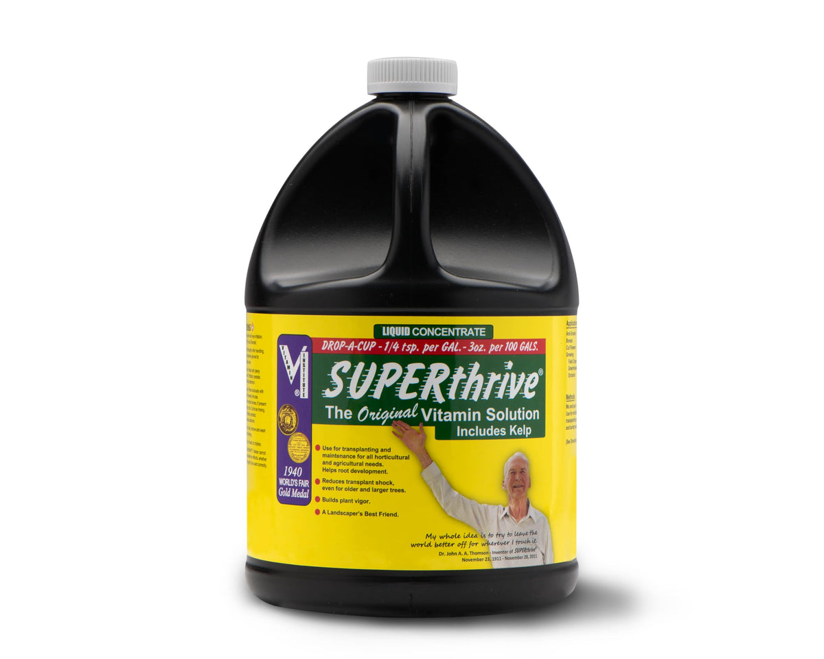 SUPERthrive plant vitamin bottle ready for indoor and outdoor use, potentially reducing transplant shock