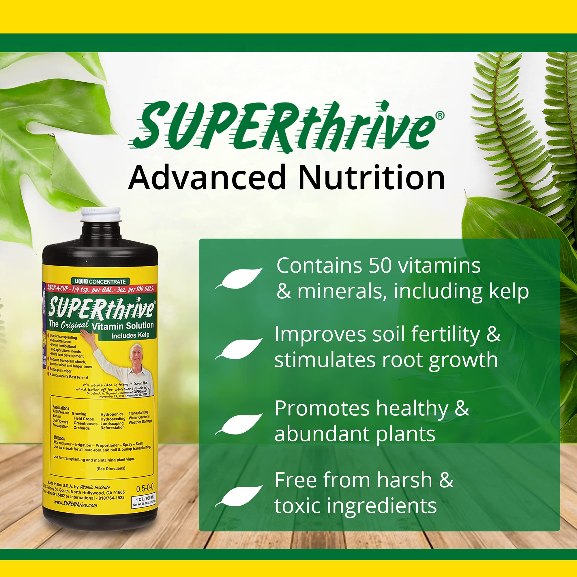 SUPERthrive quart bottle label close-up for easy mixing and garden use.