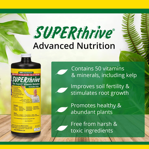 SUPERthrive quart bottle label close-up for easy mixing and garden use.