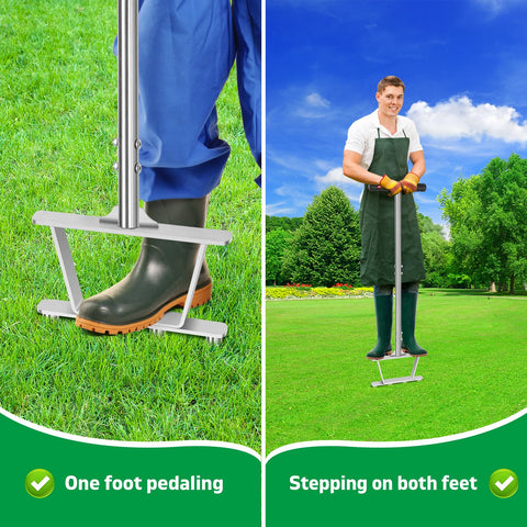 Superunner dual-function aerator in dual-foot mode for faster lawn care sessions.
