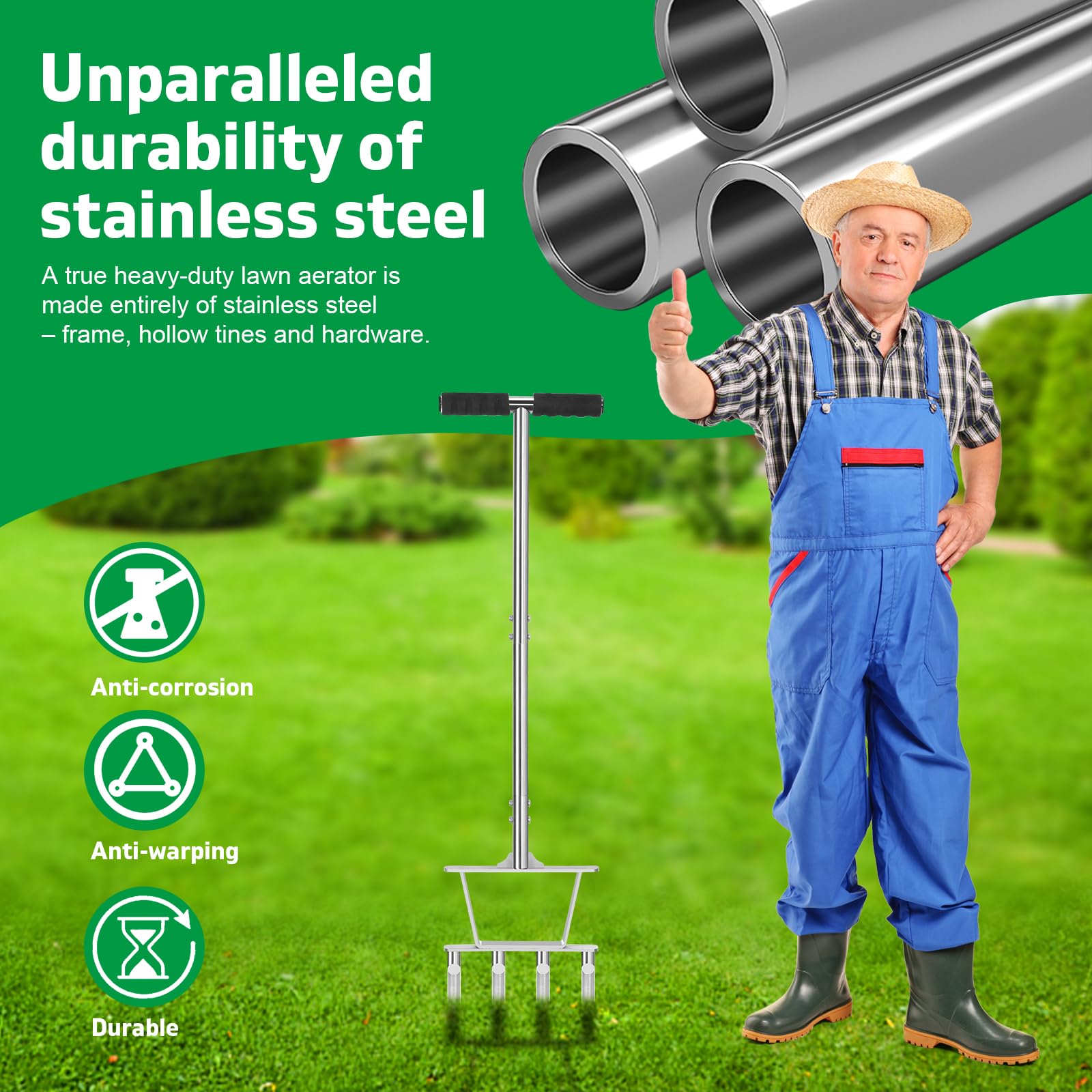 Superunner ergonomic tall T-handle supports upright posture during aeration.