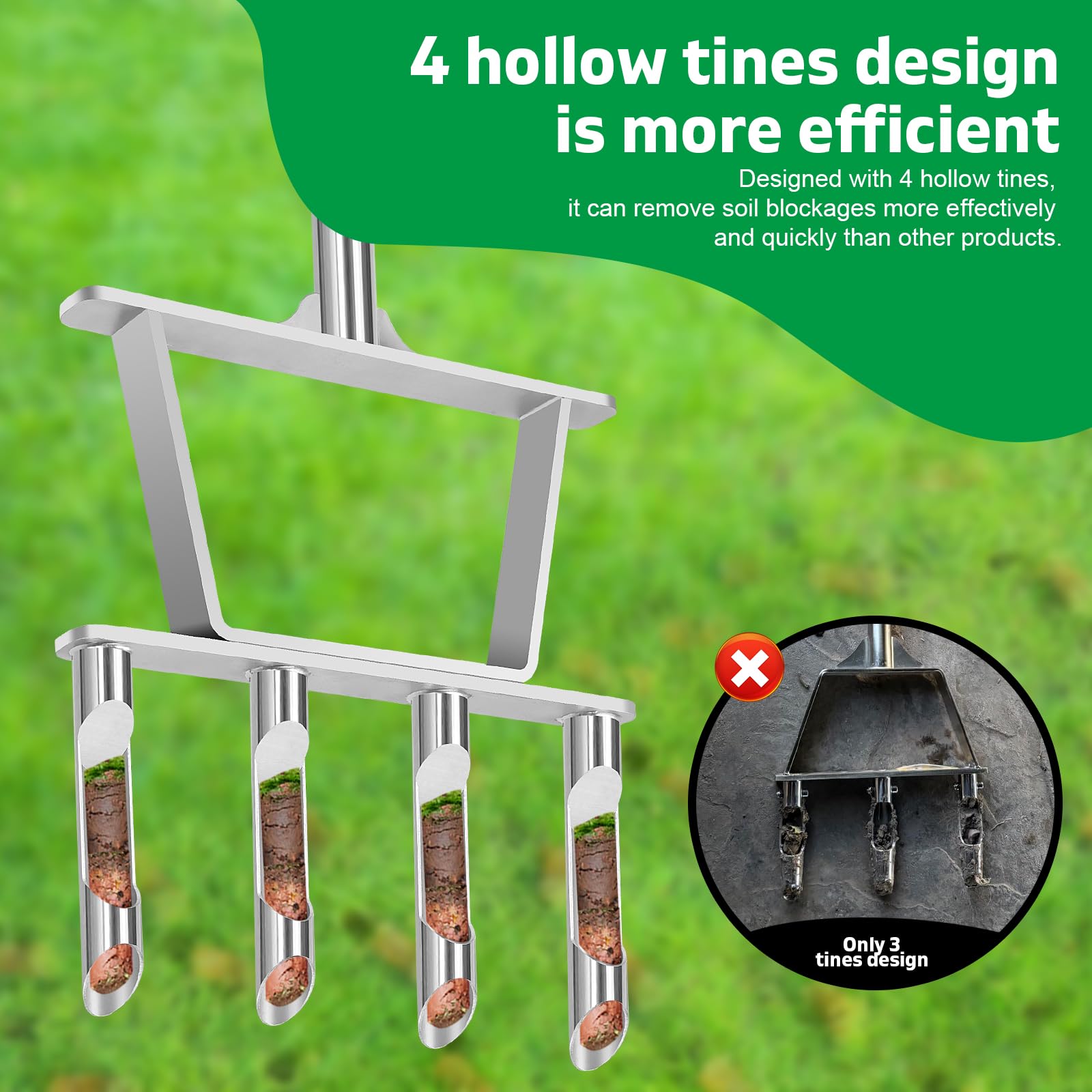 Superunner five hollow tines perform deep soil core aeration.