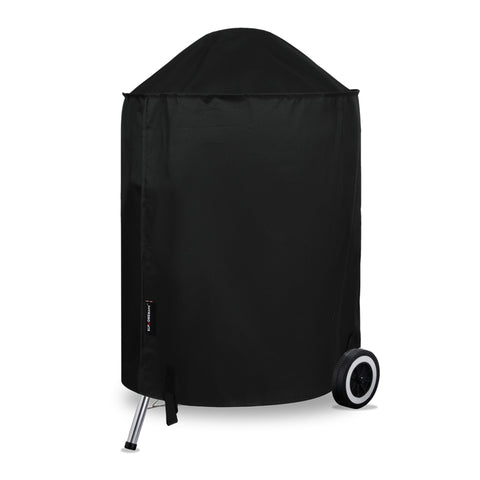 Suphomeware 22-inch grill cover on Weber kettle shields against rain and snow.