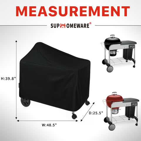 Suphomeware waterproof grill cover shields Weber 22-inch Performer Deluxe from rain, snow, and dust.