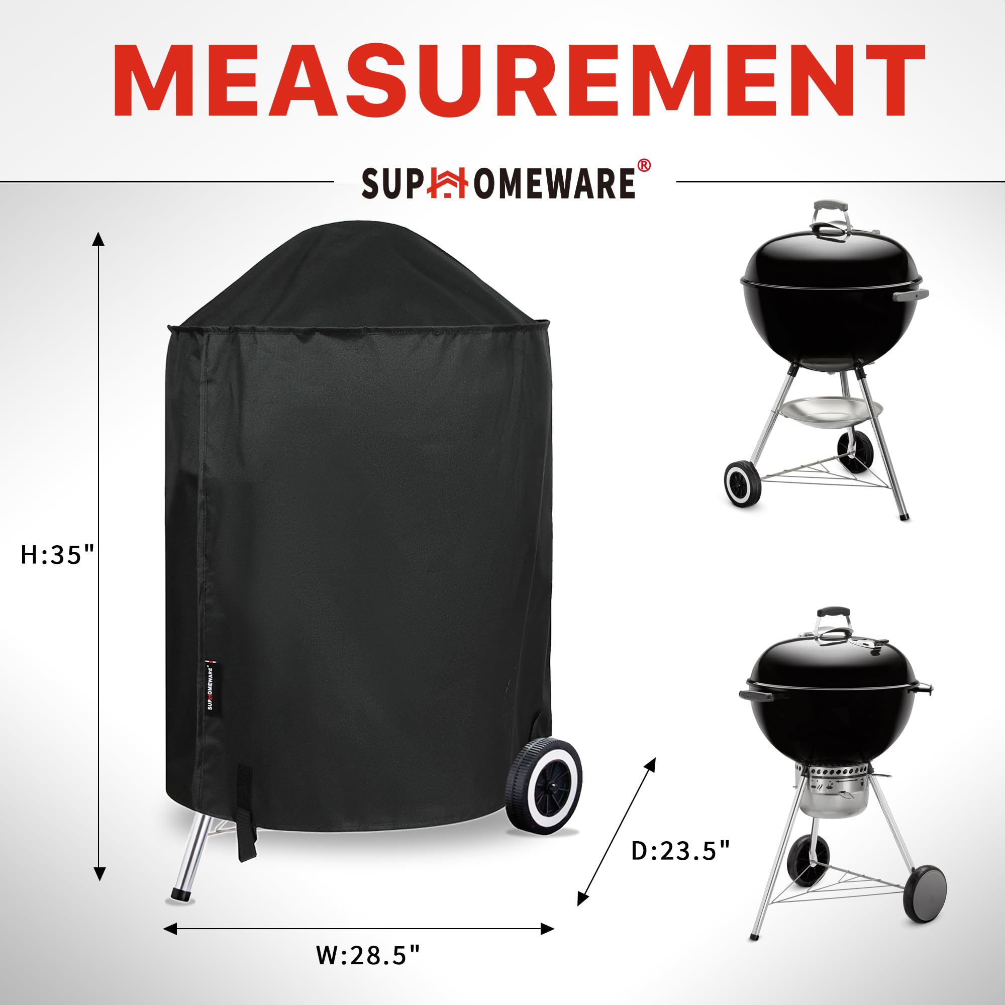 Suphomeware waterproof 600D polyester cover protects the Weber kettle outdoors.