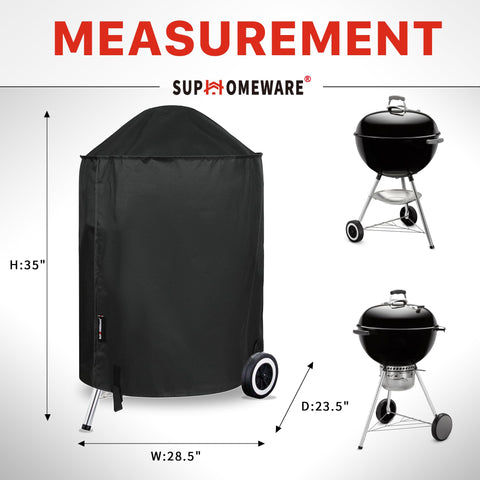 Suphomeware waterproof 600D polyester cover protects the Weber kettle outdoors.