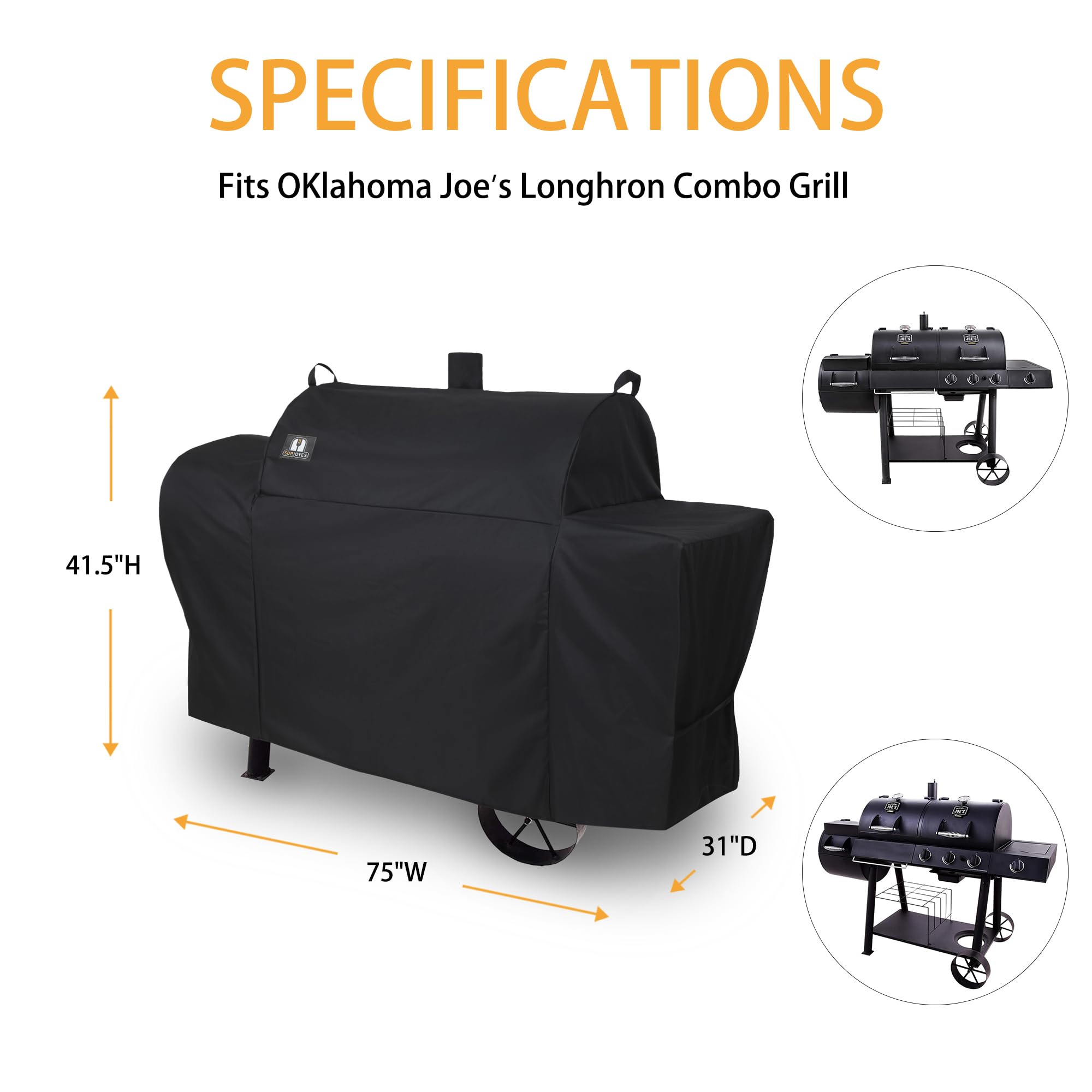 SUPJOYES grill cover over Longhorn Combo, front close-up highlighting reinforced stitching