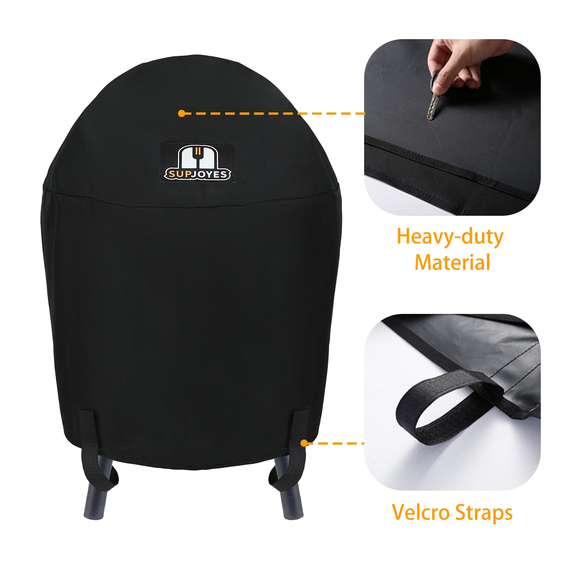 SUPJOYES grill cover with inside velcro straps secures AKORN Jr legs.