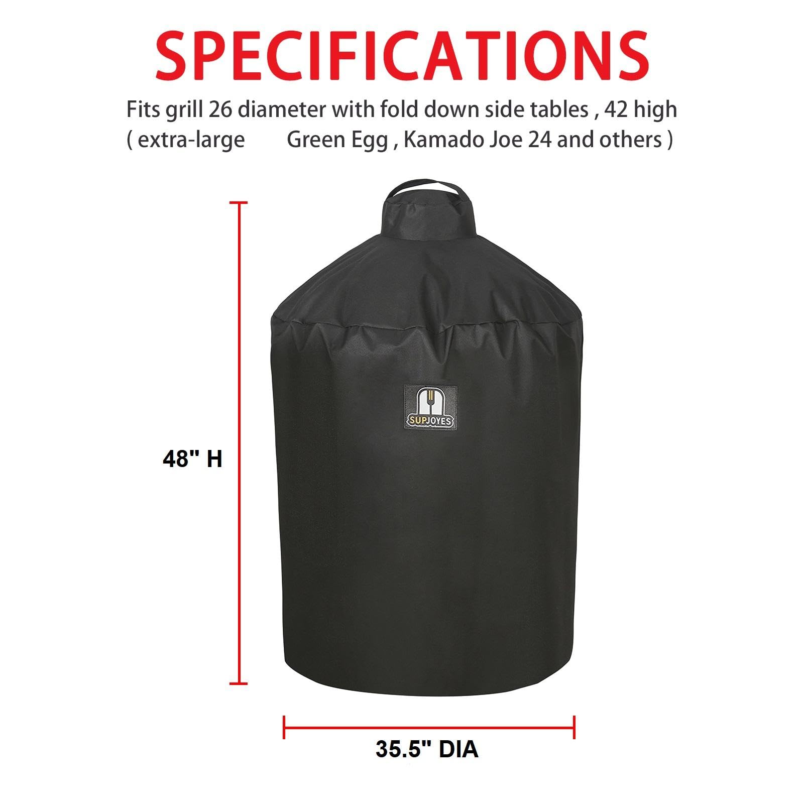 SUPJOYES XLarge Green Egg cover with straps keeps the grill secure during wind.