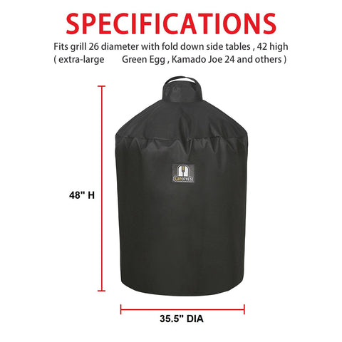 SUPJOYES XLarge Green Egg cover with straps keeps the grill secure during wind.