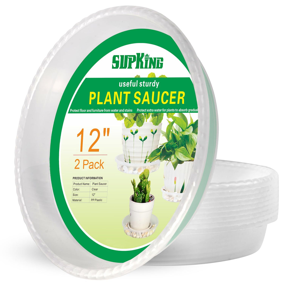 SupKing 12in plant saucer set front view shows sturdy trays designed to protect surfaces