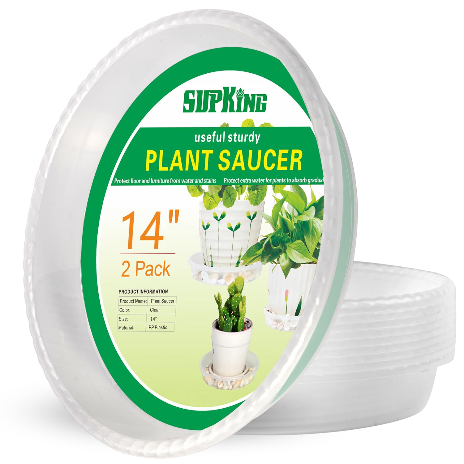 SupKing 14-inch plant saucer top view shows sturdy build for heavy pots and easy drainage.