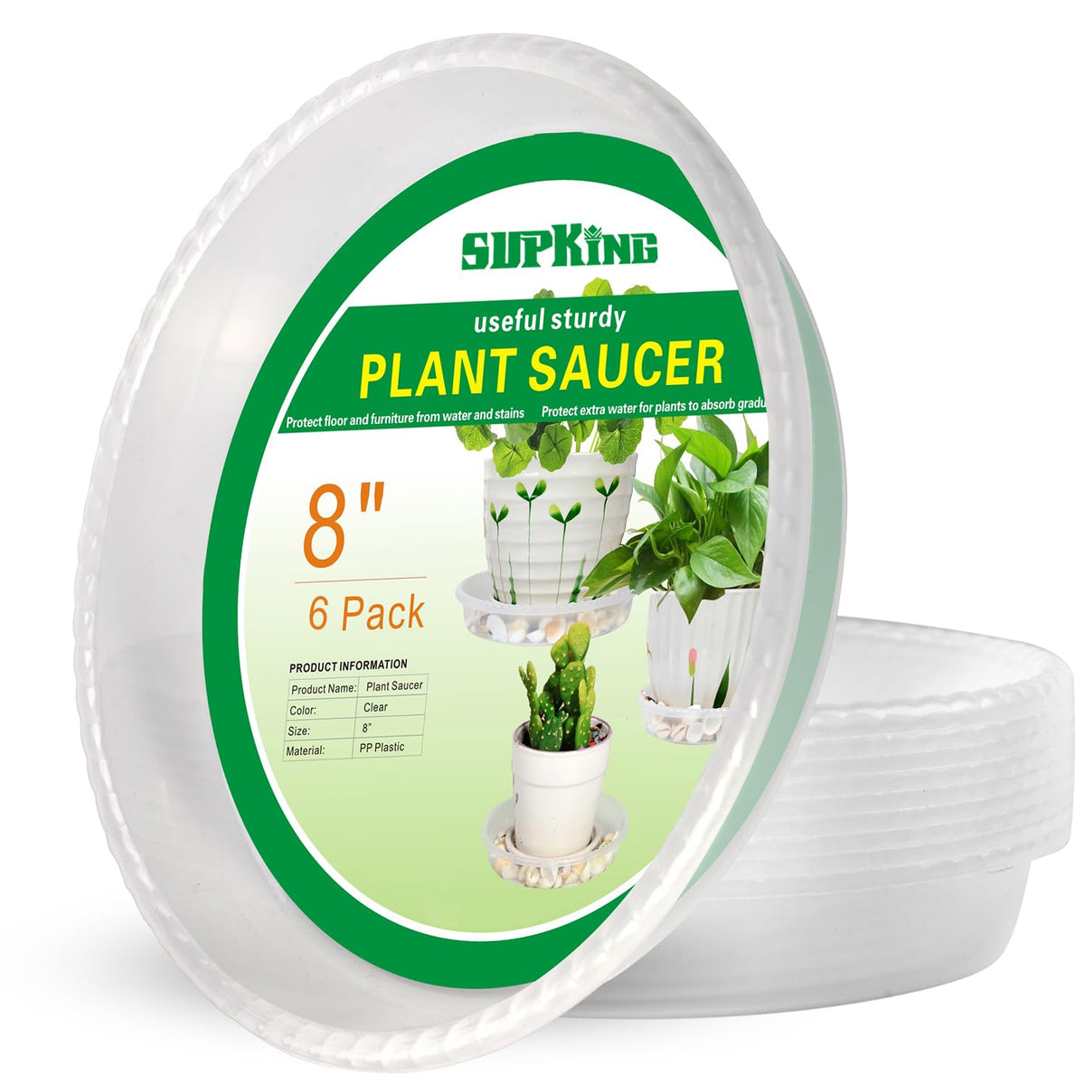 SupKing 8-inch clear plant saucer showing sturdy drip tray for indoor pots