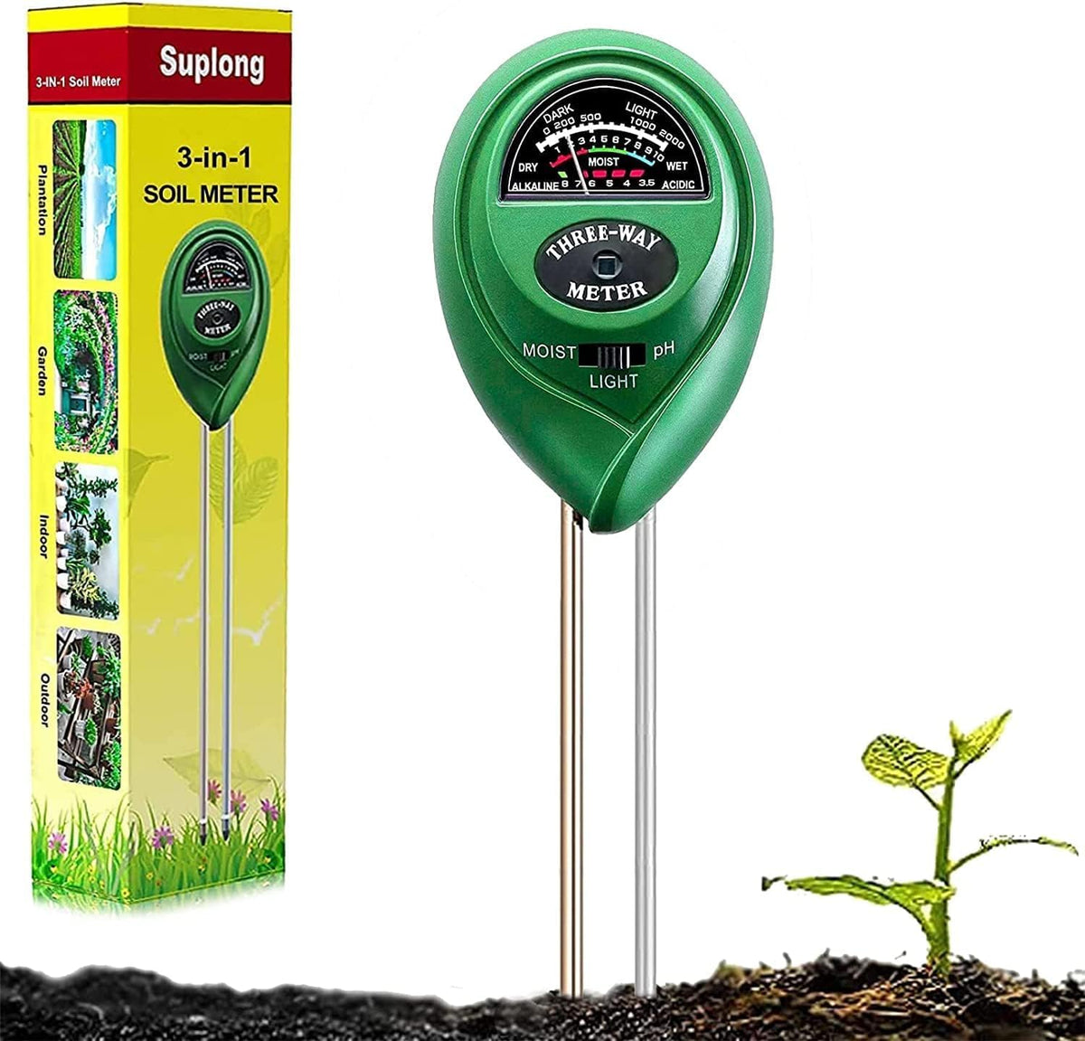 Suplong 3-in-1 soil meter with stainless steel probe reads moisture, pH, and light.