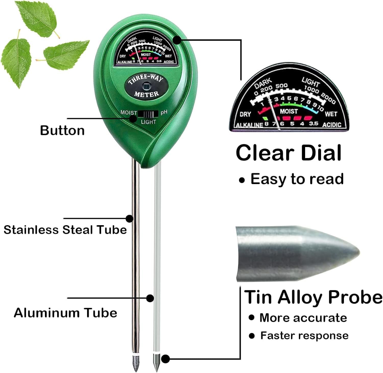 Suplong pH value dial provides reliable soil acidity readings for gardening.