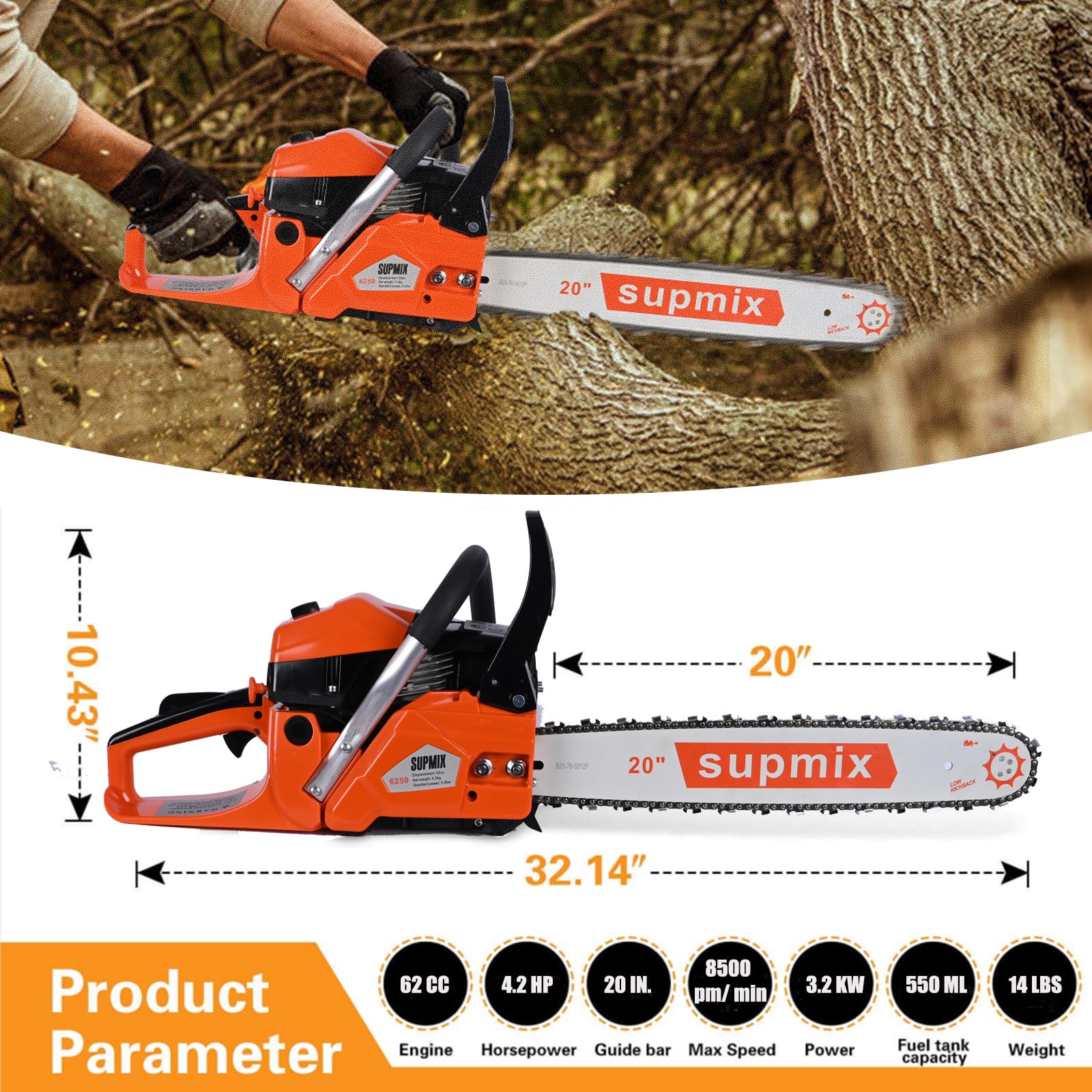 SUPMIXTOOLS 20-inch guide bar enables efficient large-log cutting