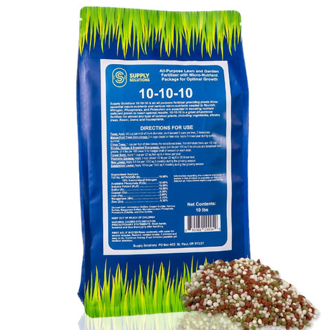 Supply Solutions 10-10-10 granular fertilizer for steady lawn and garden growth.