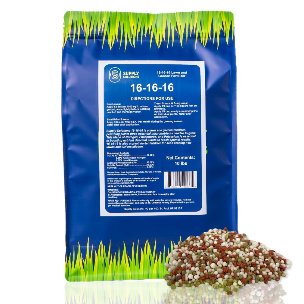Supply Solutions 16-16-16 fertilizer bag shows balanced nutrients for thriving lawns.