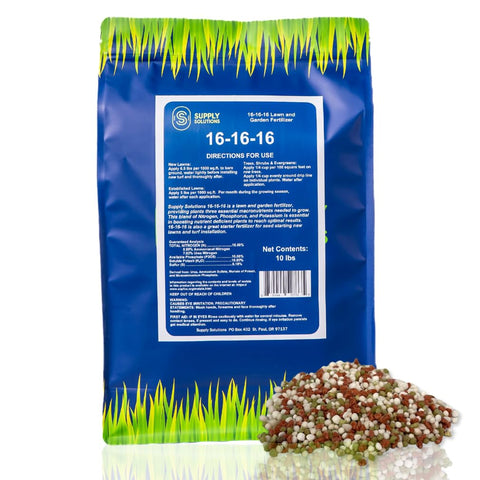 Supply Solutions 16-16-16 fertilizer bag shows balanced nutrients for thriving lawns.