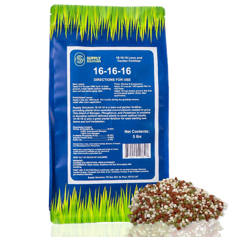 Supply Solutions 16-16-16 blue packaging shows balanced lawn and garden nutrition.