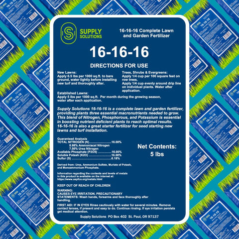 Supply Solutions 16-16-16 granular fertilizer spread on lawn for even feeding.
