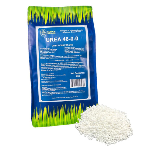Supply Solutions Urea 46-0-0 bag label front shows 5 lb fertilizer for home lawns