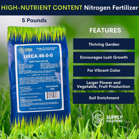 Close-up of Supply Solutions Urea 46-0-0 granules highlighting quick nitrogen delivery