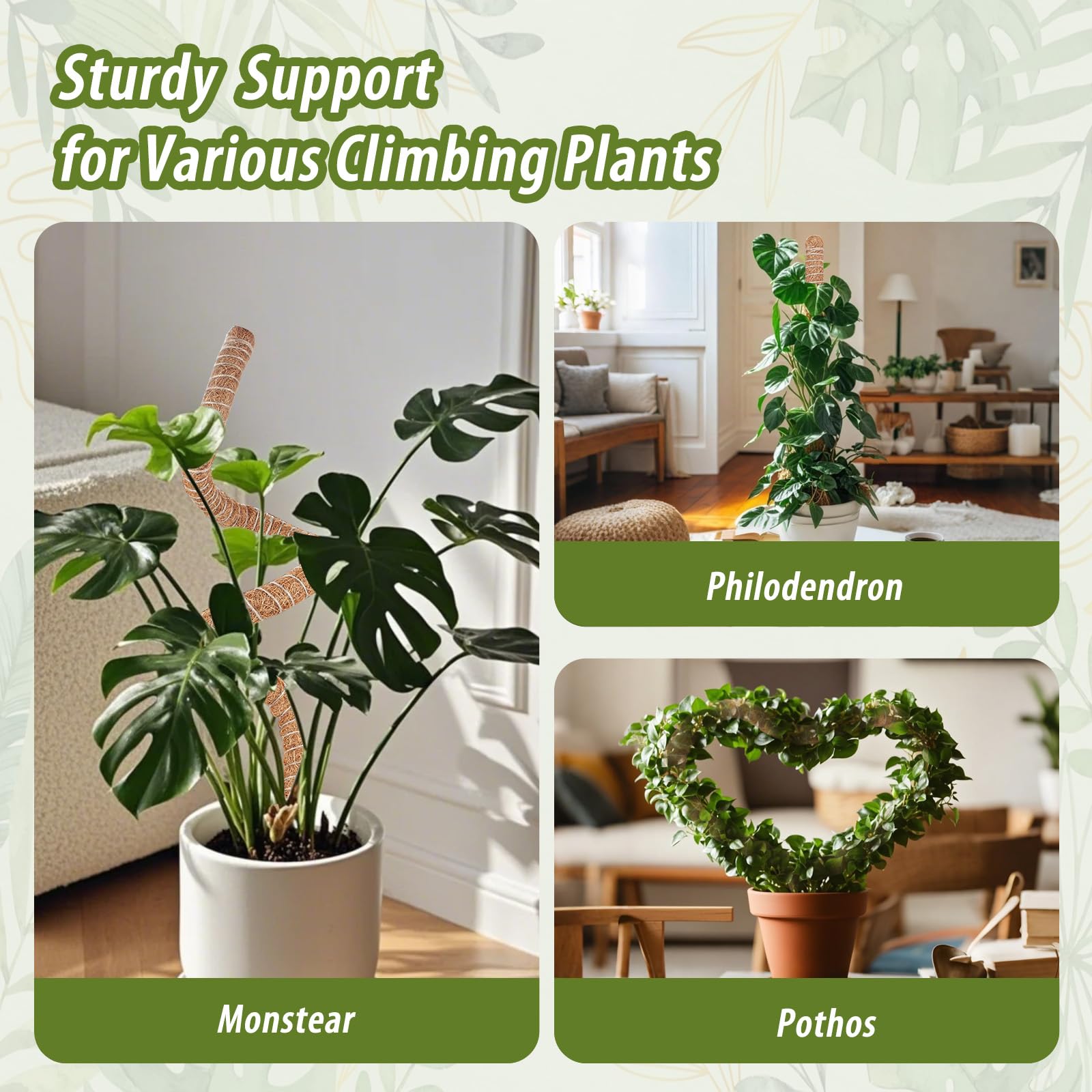 Eco-friendly moss pole with coconut fiber outer layer and durable core.