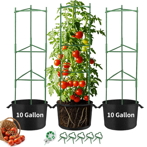 Suprock tomato cages with grow bags for compact vertical gardening.