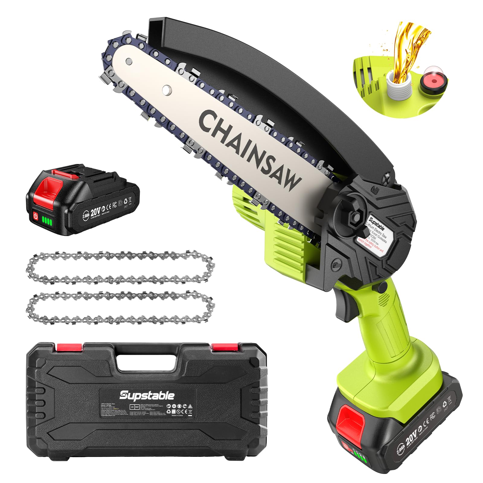 Supstable 6-inch cordless mini chainsaw front view shows compact, easy-to-handle design.