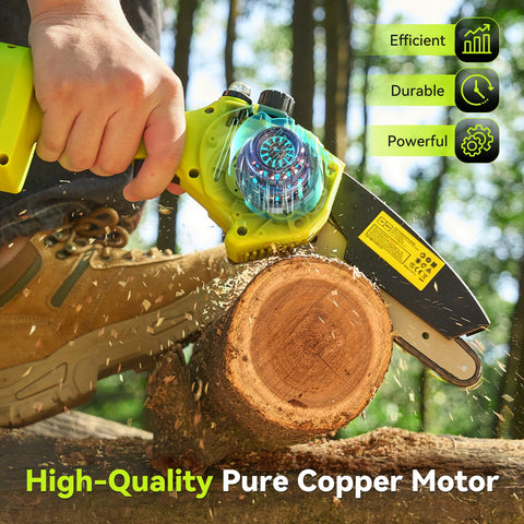 Supstable mini chainsaw in action cutting a small log for quick results.
