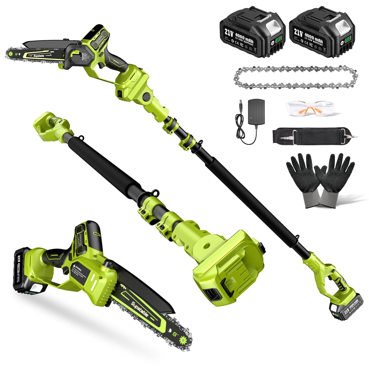 Supstable electric pole saw at full extension for safe overhead pruning.