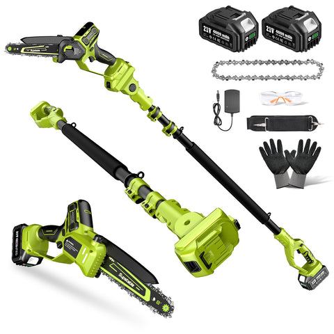 Supstable electric pole saw at full extension for safe overhead pruning.