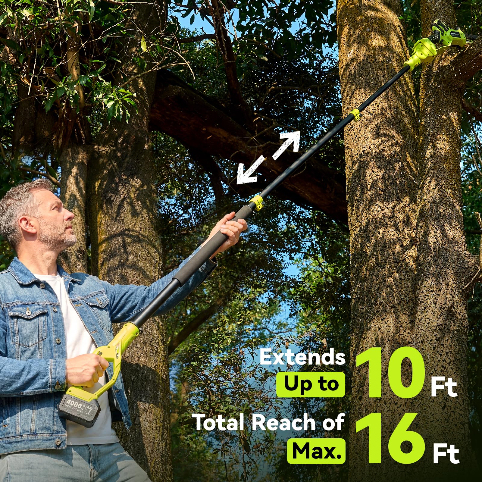 Supstable electric pole saw with 8-inch guide bar ready for pruning high limbs.