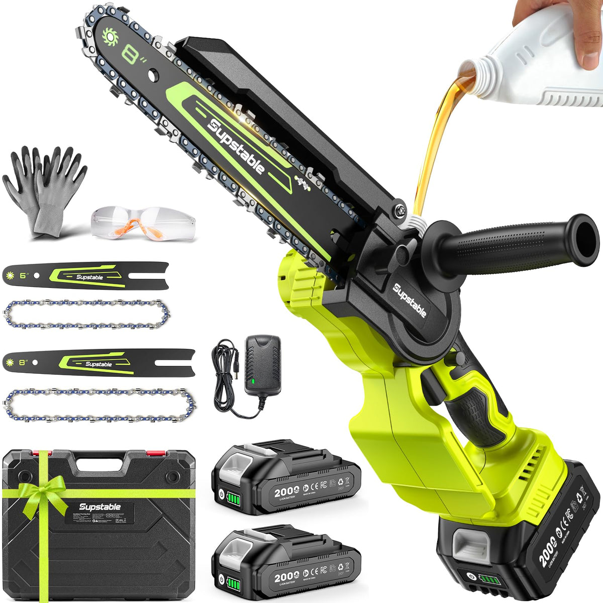 Supstable mini chainsaw with 8inch bar cuts logs quickly for firewood prep