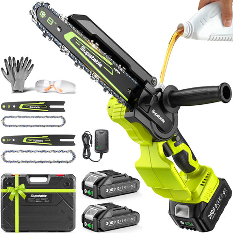 Supstable mini chainsaw with 8inch bar cuts logs quickly for firewood prep