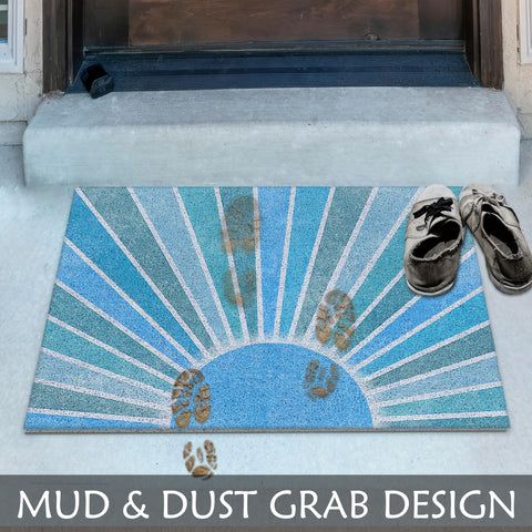 Supwhd blue boho entryway mat placed by kitchen and garage doors.
