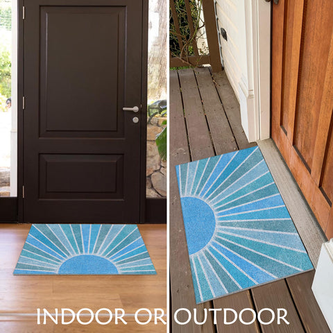 Supwhd blue boho mat at a patio entrance adds welcoming flair.