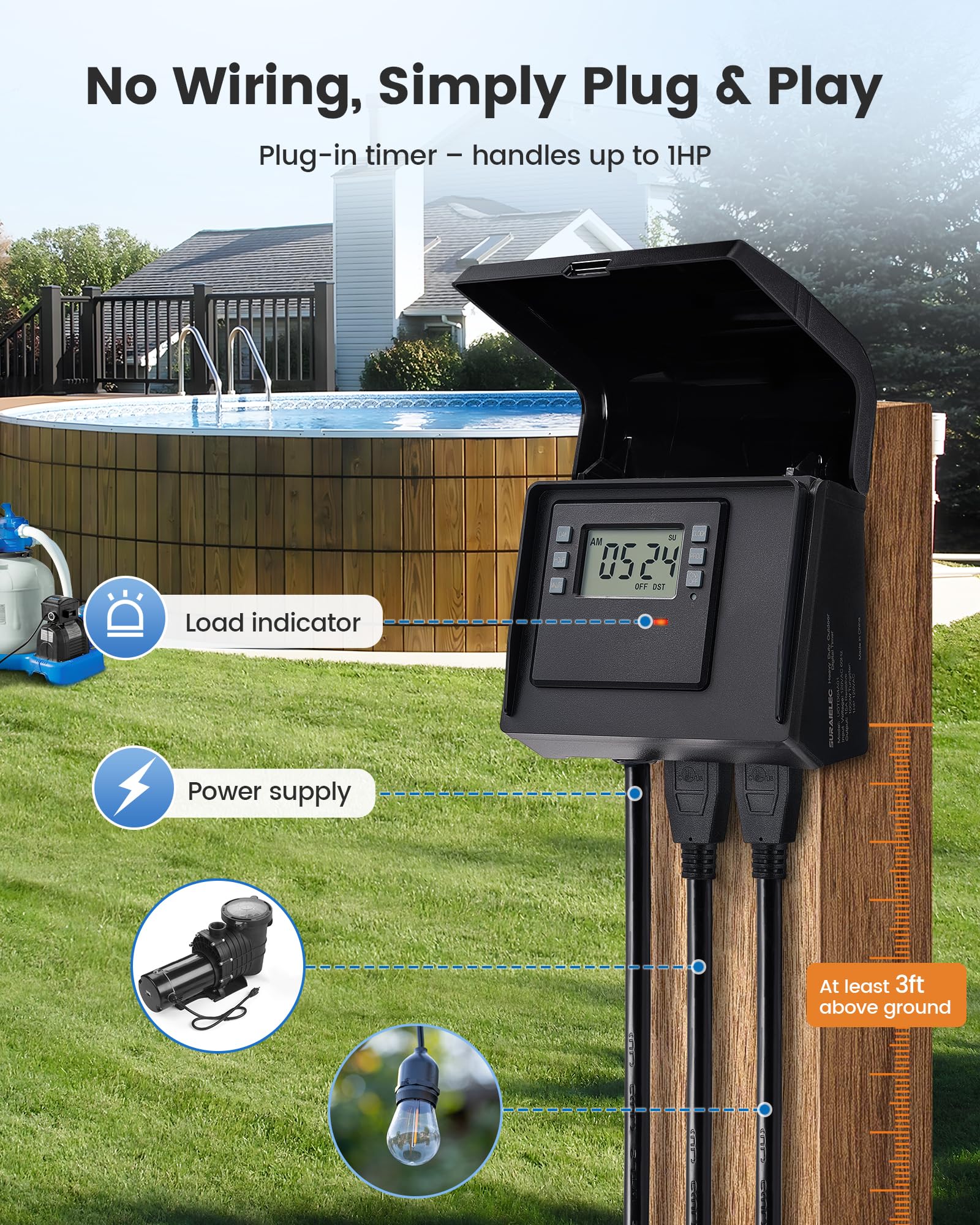 SURAIELEC dual-outlets timer enables simultaneous pump and light control.