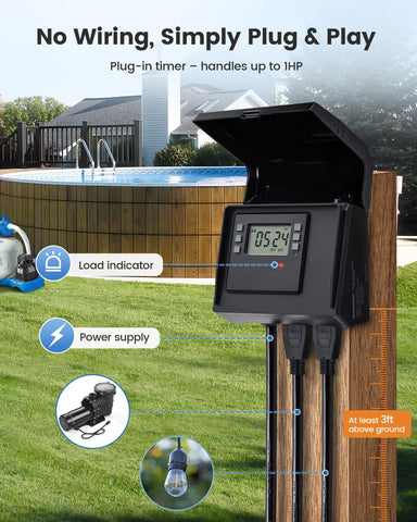 SURAIELEC dual-outlets timer enables simultaneous pump and light control.