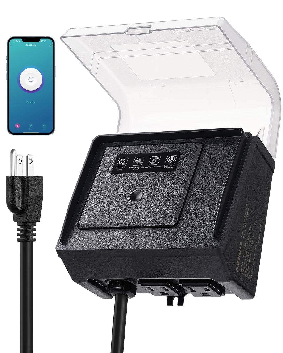 SURAIELEC WiFi pool timer front view highlights plug-and-play simplicity for outdoor use.