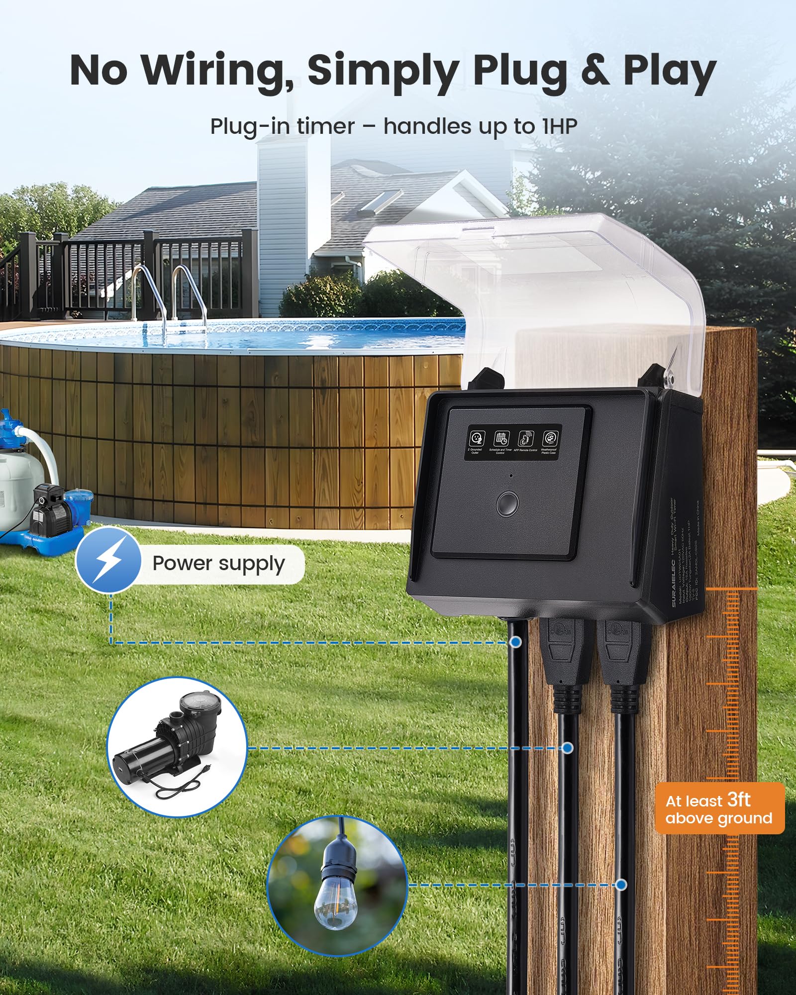 SURAIELEC WiFi pool timer remote control image shows mobile app scheduling and status visibility.