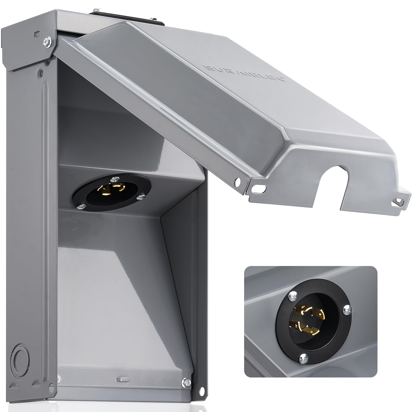 SURAIELEC generator power inlet box outdoors with L14-30P, weatherproof and ready for outages.