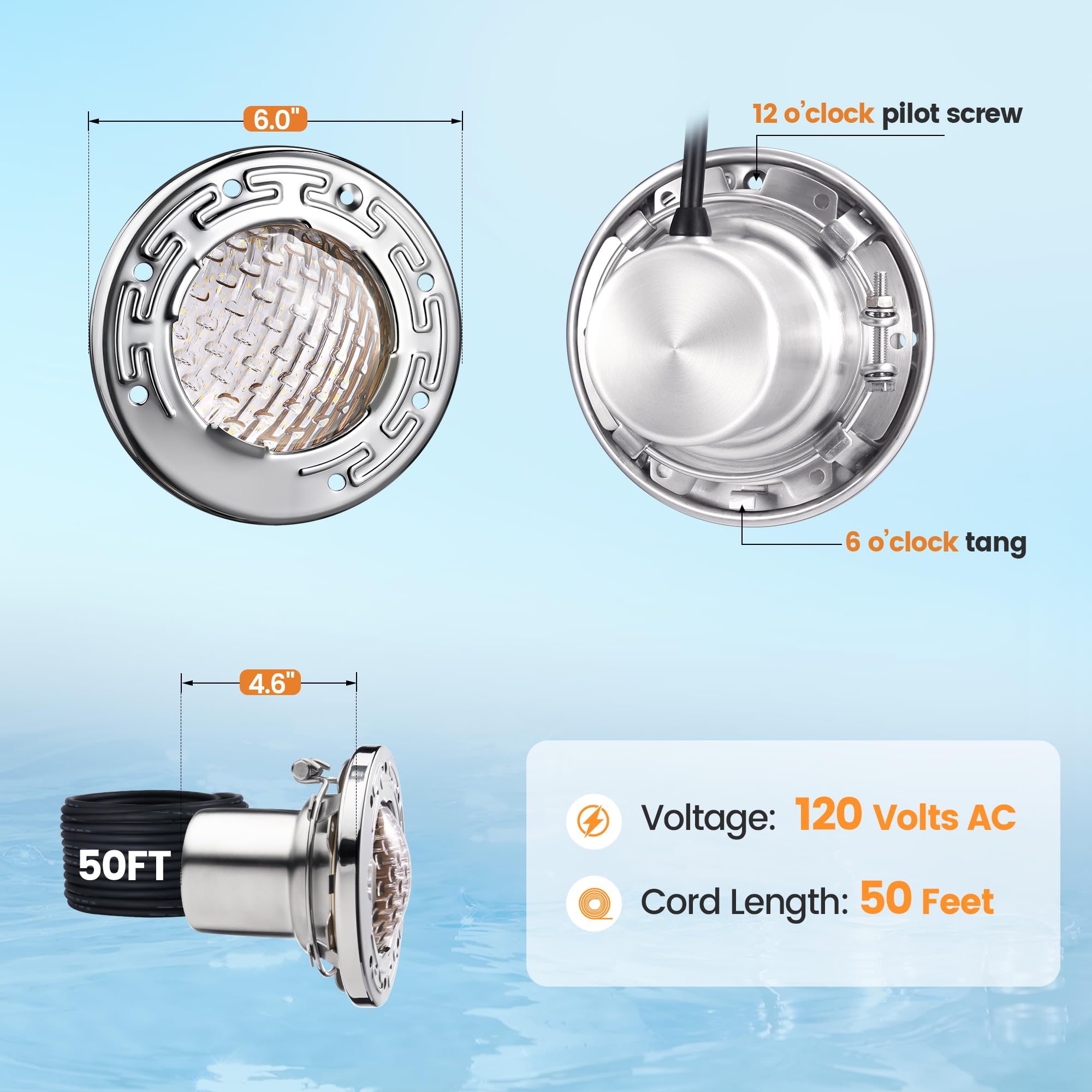 SURAIELEC replacement option for halogen pool lights in 6-inch niches.