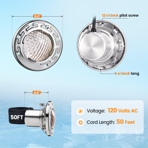 SURAIELEC replacement option for halogen pool lights in 6-inch niches.
