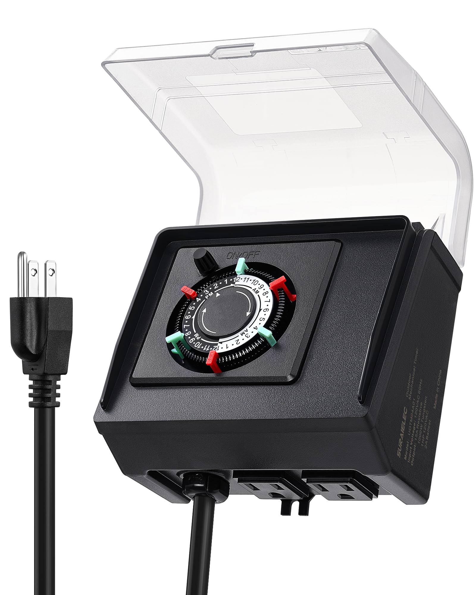 Suraielec mechanical pool timer with dual outlets for outdoor pumps.