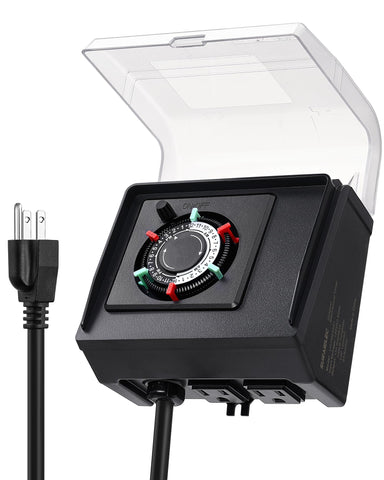 Suraielec mechanical pool timer with dual outlets for outdoor pumps.