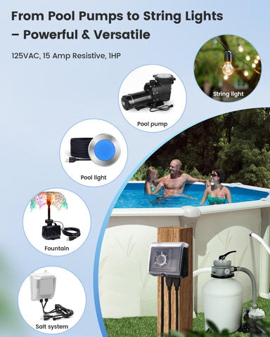 Suraielec outdoor timer supports lighting and pumps.