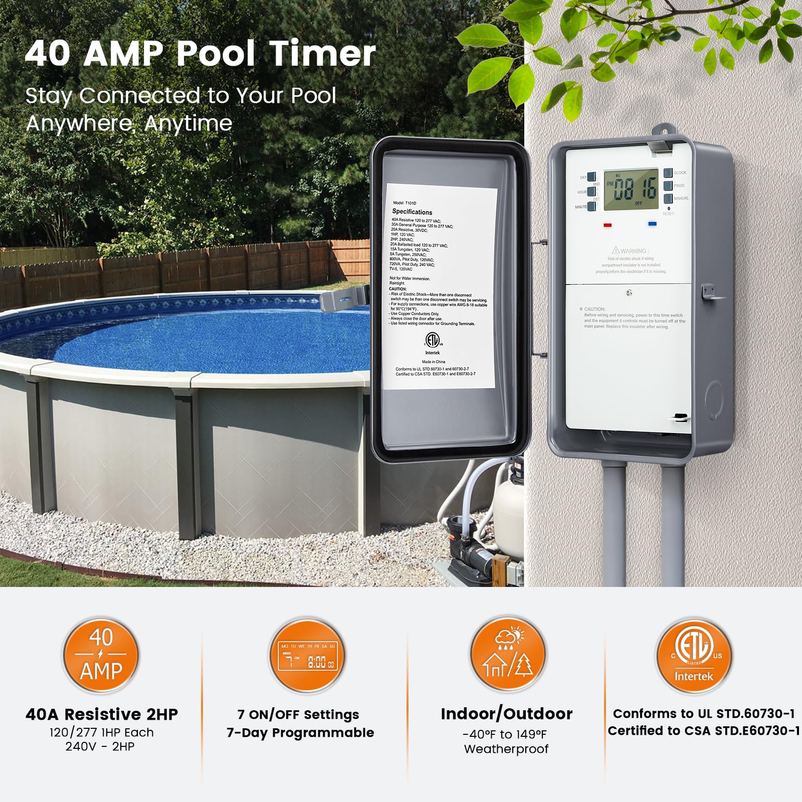 Suraielec pool timer digital display showing seven-day scheduling options.