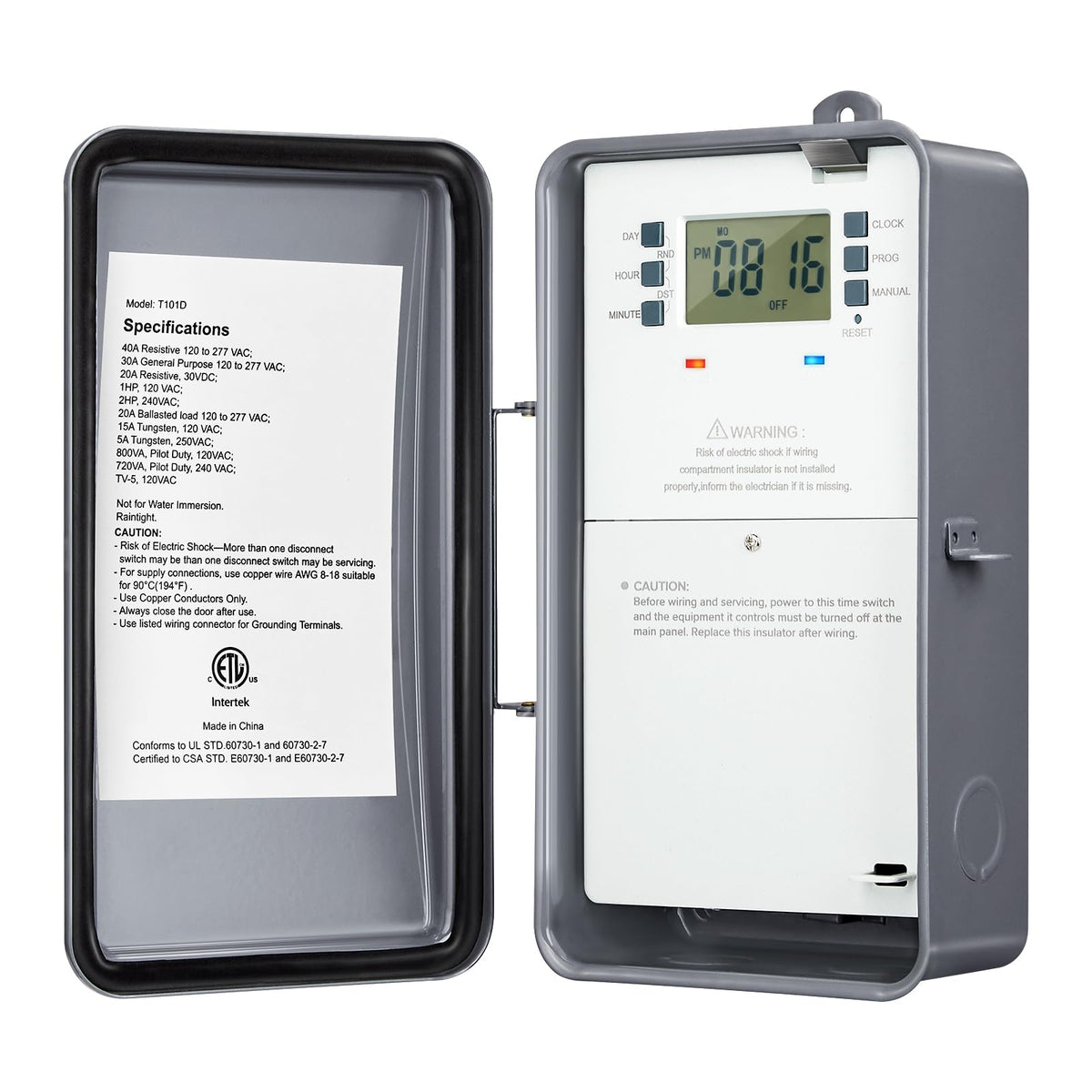 Suraielec pool timer front view with durable outdoor metal casing for weatherproof use.